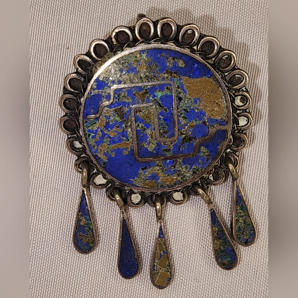 VINTAGE MEXICAN STERLING SILVER TURQUOISE INLAID MOSAIC PIN BROOCH/ PENDANT